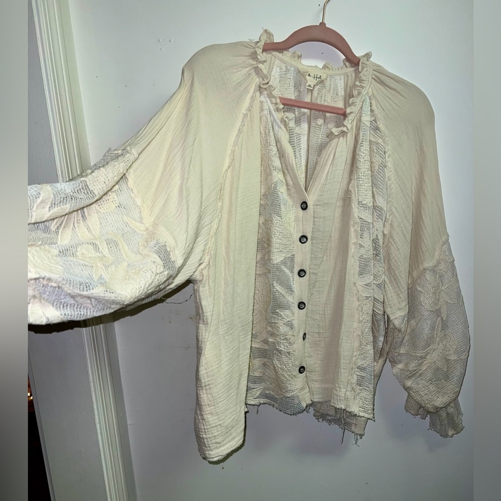 Oli & Hali Lace Cream Button-Up Blouse with pockets